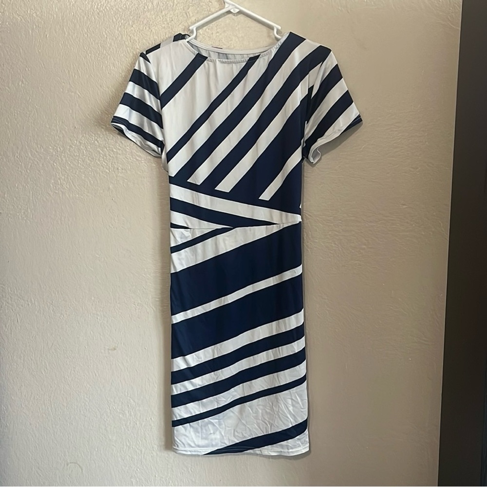 Navy and white striped dress with a cute pattern